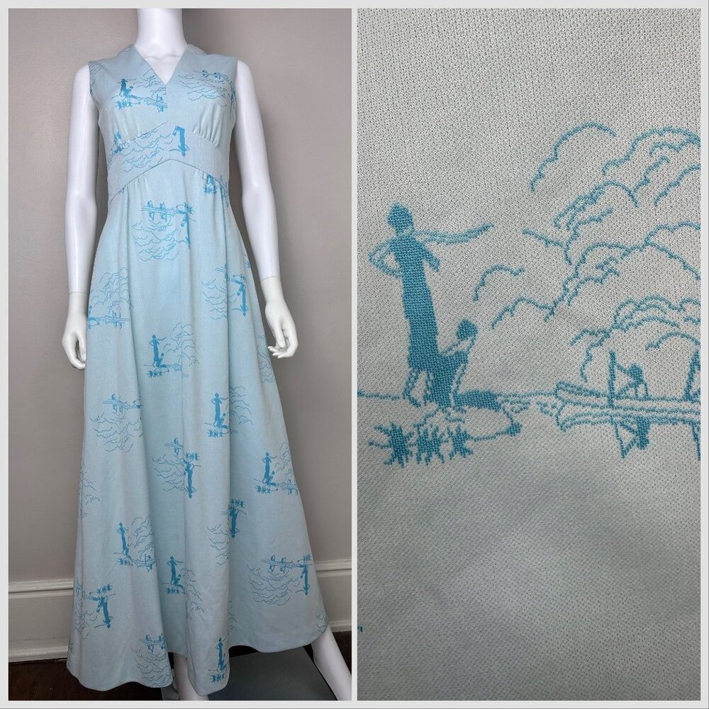 Vintage 1970s Novelty Knit Maxi Dress, Leslie Faye Knits Size Small, Flappers